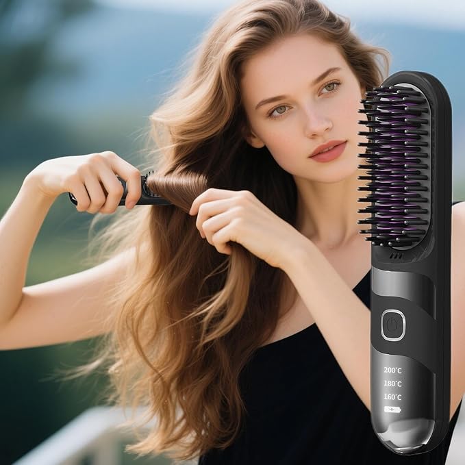 Rechargeable Hair Straightener | Curler Brush for Home Use - Anti-Scald 2-in-1 Cordless Ionic Cordless Straightener Brush for All Hair Types