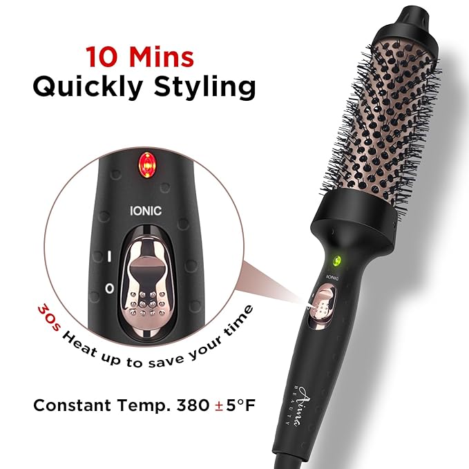 Aima Beauty Hot Brush 1.3/35mm Heated Curling Brush Ion Hair Care Thermal Round Brush Makes Hair Smoother &amp Softer Create Voluminous Curls Effortlessly Dual Voltage 60Mins Auto-Off Black