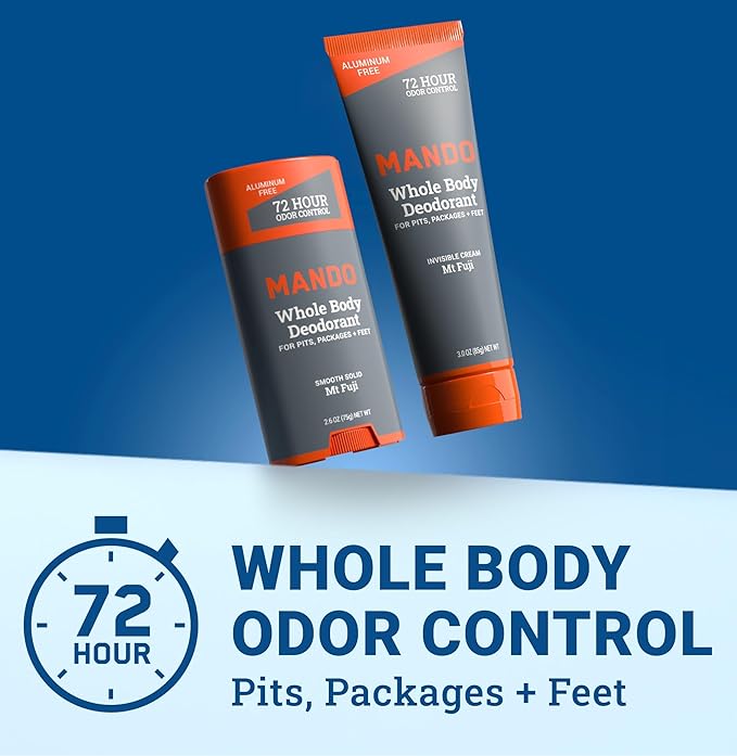 Mando Whole Body Deodorant - Invisible Cream Tube and Solid Stick - 72 Hour Odor Control - Aluminum Free Baking Soda Free Skin Safe - 3.0 Ounce Tube and 2.6 Ounce Solid Stick Bundle - Mt Fuji