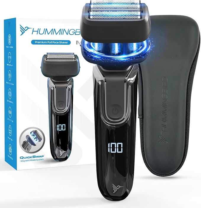 HUMMINGBIRD MK7 Premium Foil Face Shaver Four Blade Foil Shaver with Long Hair Leveler Electric Razor for Men Waterproof Wet &amp Dry Shave Cordless USB-C Rechargeable LED Display Travel Case