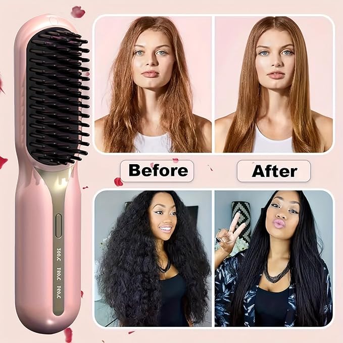 Cordless Hair Straightener and Curler 2-in-1 Plasma Technique Portable Ceramic Hair Straightening Brush 3 Temp Settings Fast Heating Mini Straightening Brush Travel/Business Gift for Women