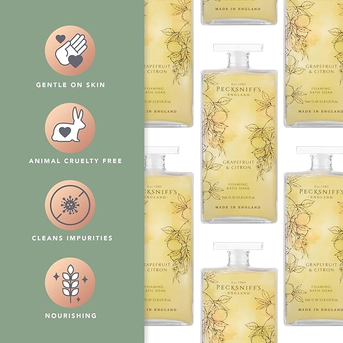 Pecksniff’s Grapefruit &amp Citron Foaming Bath Soak – Luxury Bubble Bath 1L / 33.8 fl oz Made in England
