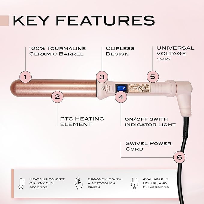 NuMe Classic Ceramic Curling Wand - Tourmaline 1.25 Inch Barrel Hair Curler Negative Ion Conditioning Far Infrared Heat - All Hair Types - Blush