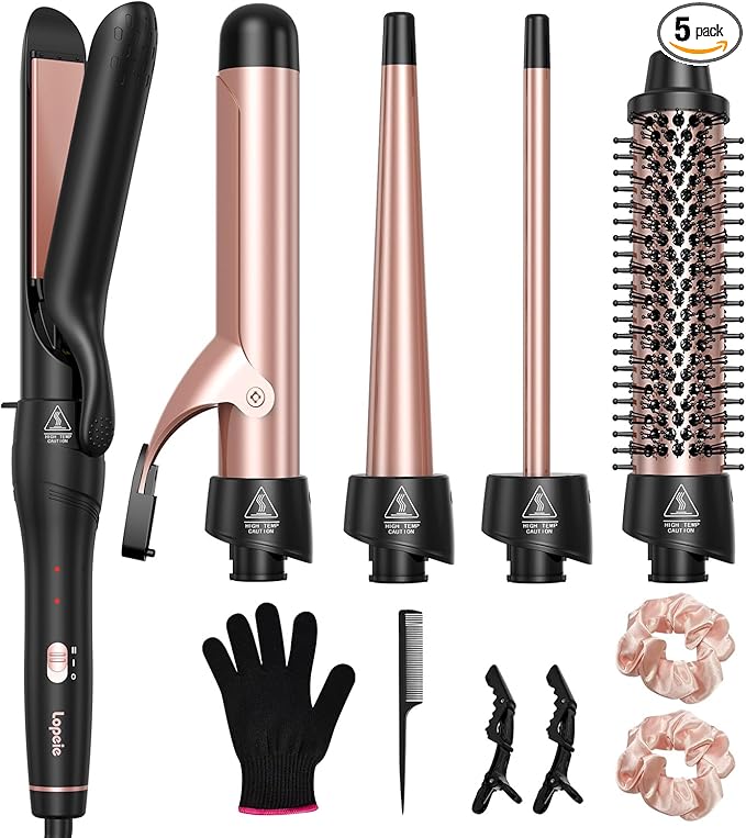 5 in 1 Curling Iron with Thermal Brush and 4 Interchangeable Ceramic Barrels(1/2 to 1 1/2 inch) Curling Wand Set with Flat Iron Fast Heating Dual Voltage Hair Curler Gifts for Women
