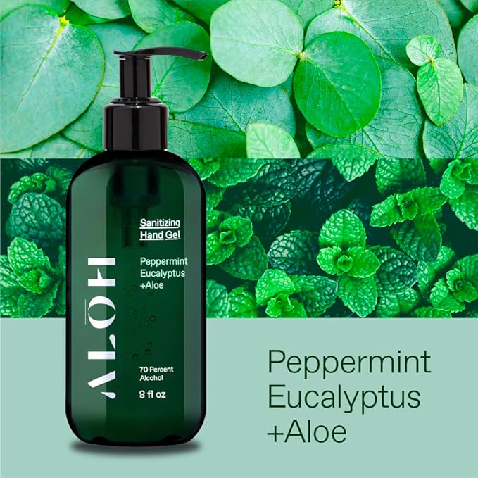 ALŌH Sanitizing Hand Gel 2-pack | Peppermint Eucalyptus + Aloe | 70% Alcohol Hydrating Hand Sanitizer Gel with Essential Oil for Kids &amp Adults | 8oz Bottle (Set of 2)