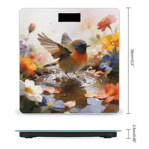 Bird Bathing Flowers Weight ScaleClear LED Display Bathroom Digital Weighing ScaleTempered Glass Digital Bathroom Scale for Body Weight Capacity Up to 400 Lbs