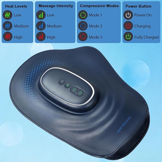 Portable Hand and Wrist Massager with Heat and Compression 3 Modes 3 Intensities and 3 Temps (100°F–116°F) Palm &amp Finger Massage Rechargeable Home Office Travel (Blue)
