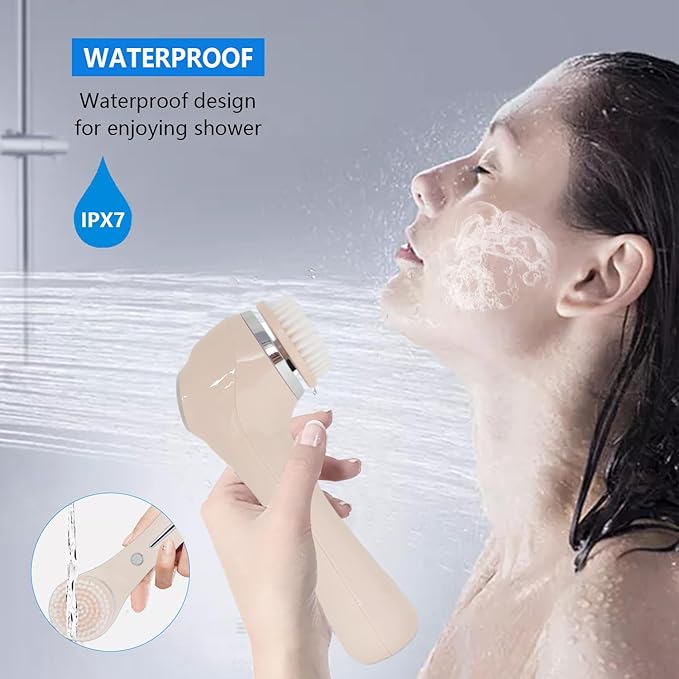 Facial Cleansing Brush 2 in 1 Ｗaterproof IPx7 Facial Spin Scrubber Set with 4 Brush Heads Rechargeable Exfoliating Face Brush Deep Cleansing Gently Exfoliate and Remove Blackhead (Pink)