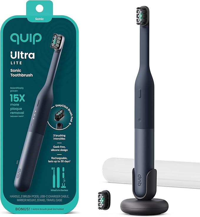 Quip Ultra Lite Sonic Electric Toothbrush Slim Lightweight Design 3 Brushing Modes 15X More Plaque Removal Pressure Sensor &amp 30-Day Battery Ash