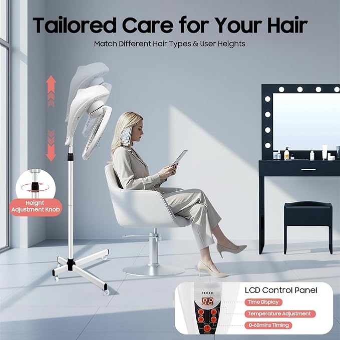 Professional Salon Hair Dryer Hood Machine with Adjustable Timer &amp Temperature Stand Hooded Hair Treatment Steamer for Hair Coloring Deep Conditioning Perms Scalp Care Home &amp Salon Use