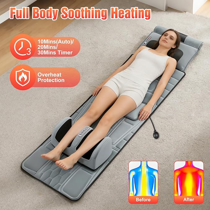 Full Body Massage Mat with Heat 12 Vibration Nodes Massage Chair Pad with 3 Heating Levels Multifunctional Full Body Flannel Seat Back Massager with Head Neck Foot Massage Pillow for Home Office
