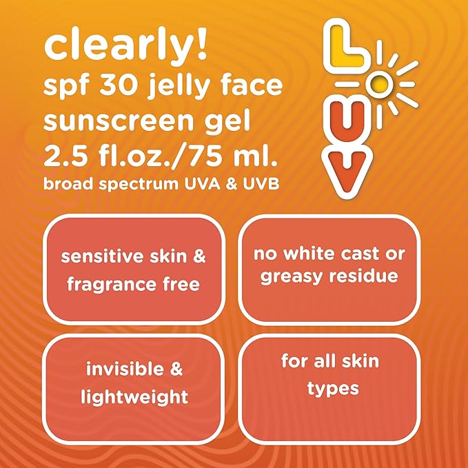L-UV clearly! SPF 30 Jelly Face Sunscreen Invisible &amp Lightweight Broad-Spectrum UVA/UVB Protection Sensitive Skin Safe Fragrance-Free Hydrating with Ceramides &amp Pomegranate Seed Oil 2.5