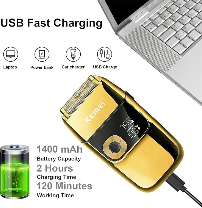 KEMEI Electric Razors for Men LCD Display Cordless Men's Razors USB Rechargeable with Pop-up Beard Trimmer Best Worldwide Travel Gift Model KM 2028 Gold