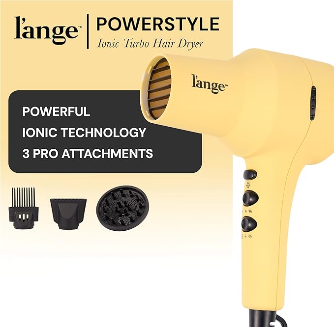 L'ANGE HAIR PowerStyle Turbo Ionic Hair Dryer | 1875 Watt Professional Blow Dryer with Diffuser &amp Concentrator | Multiple Heat &amp Speed Settings for Fast Drying | Salon-Grade Styling Tools Yel