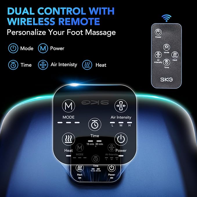 SKG Foot Massager with Heat and Remote Upgrade Electric Feet Massager for Plantar Fasciitis Pain Relief 3 Levels Compression Massage for Neuropathy Plantar Fasciitis Up to Size 13 Home Office Use