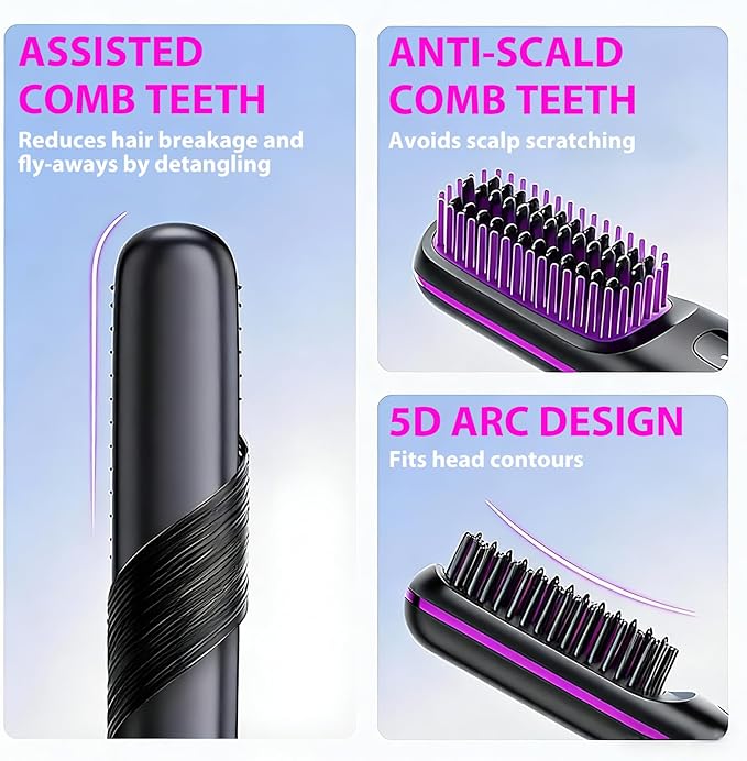 2026 UpgradedGo Brush Pro Portable Cordless Hair Straightener Brush with LCD Fast Heating Cordless 3 Temperature Settings USB Rechargeable Fast Heating Hair Brush for Travel