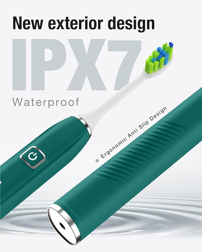 7AM2M Sonic Electric Toothbrush with 6 Brush Heads for Adults&ampKids One Charge for 120 Days Wireless Fast Charge 5 Modes 40000VPM Powered Toothbrush 2 Minutes Built in Smart Timer - Peacock Gr