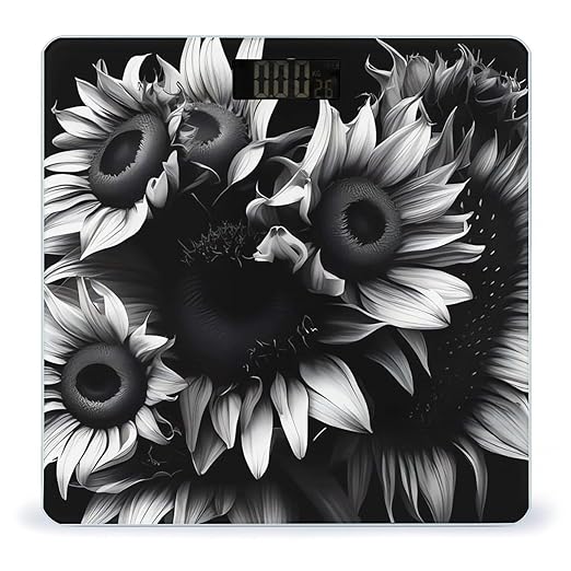 Digital Bathroom Scale for Body Weight Scale with Bright LCD Display High Accuracy Step-On Technology Auto On/Off Black and White Sunflowers Digital Scales 400 Lbs /180kg