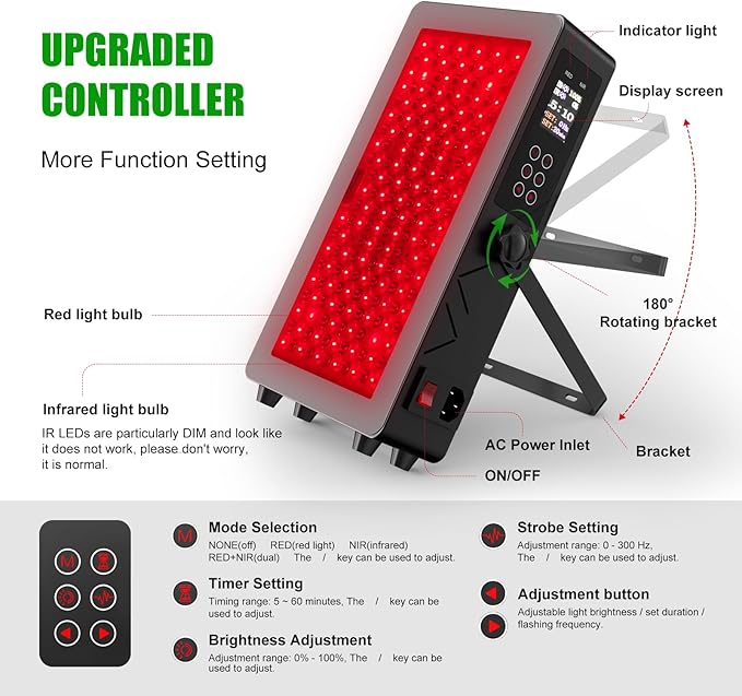 Red Light Lamp with Protective Glasses 100W Near Infrared Light 660nm 850nm High Power Panel 7 Time Settings 5 Brightness 3 Light Modes