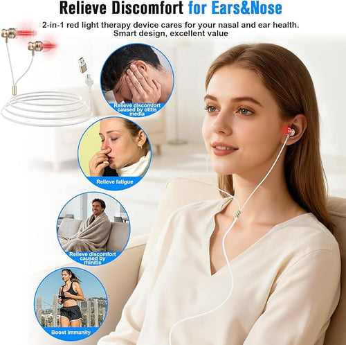 2-in-1 Red Light Therapy Device for Ears &amp Nose650nm LED for Ear ComfortSinus Support&amp Daily Relaxation with USB &amp Type-CIncludes Soft Silicone Tips and Travel Case