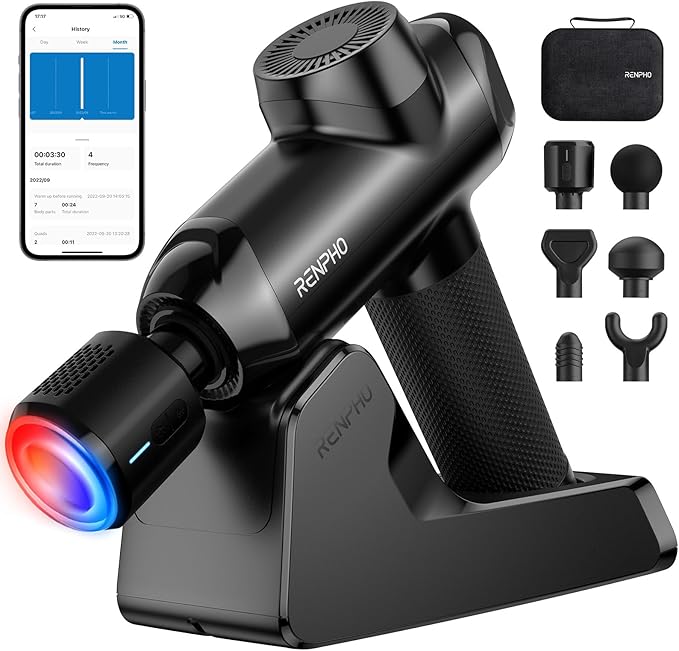 RENPHO Power+ Thermacool Deluxe Massage Gun with Heat and Cold 12mm Amplitude Deep Tissue Percussion Massager with Charging Stand App Controlled Guided Course 6 Speeds 6 Attachments Carry Case