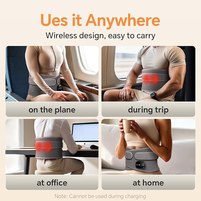 Heating Pad for Back Lumbar Massager Heated Waist Belt Wrap Lower Back Pad with Heat Vibration 3 Levels Adjustable 180 mins Battery Cordless Portable Touchscreen Control