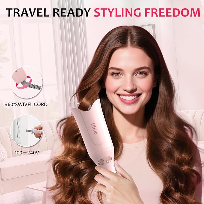 Ufree Automatic Rotating Curling Iron 1 Inch Ceramic Curling Wand 1-Click Hair Curler with 3 Heat &amp Timers Anti-Scald Design 1M Ionic Care Dual Voltage for Travel Beach Waves Rose Gold