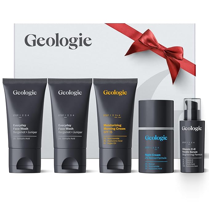 Geologie Skincare Gift Set | 5-Piece Kit Includes 2 Face Washes SPF15 Moisturizer Retinol Cream &amp Vitamin C Serum | Daily Routine for Clear Healthy Skin for Men and Women | Lasts 3 Months