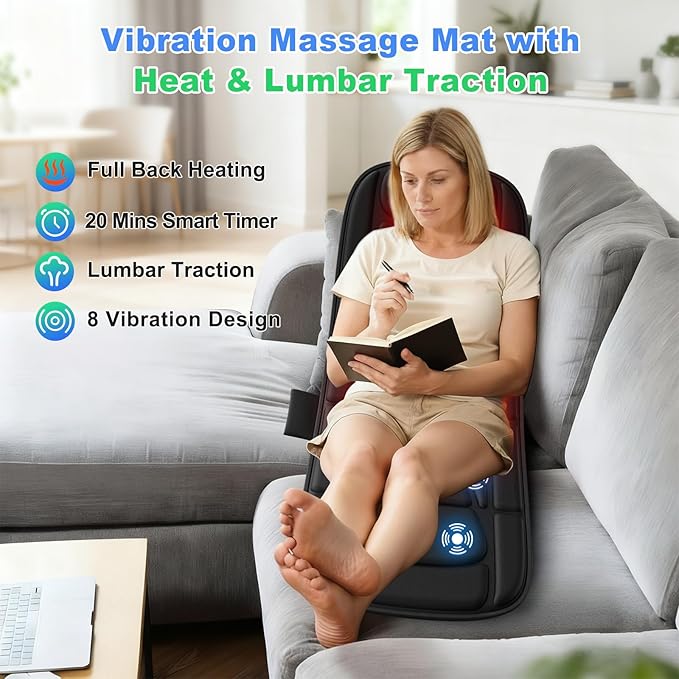 Vibration Massage Mat with Heat Full Back Heating &amp Lumbar Traction Back Massage Chair Pad for Seniors Office Workers 3 Intensities &amp 2 Heat Levels Fatigue &amp Pain Relief in Office Ho