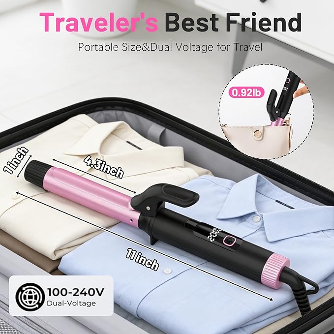 Travel Curling Iron 1 InchSmall Curling Iron for Short HairDual Voltage Curling Iron 110-240V with European PlugCurling Iron with Clamp &amp Ceramic Barrel5 Temp Digital DisplayAuto OffTemp Loc
