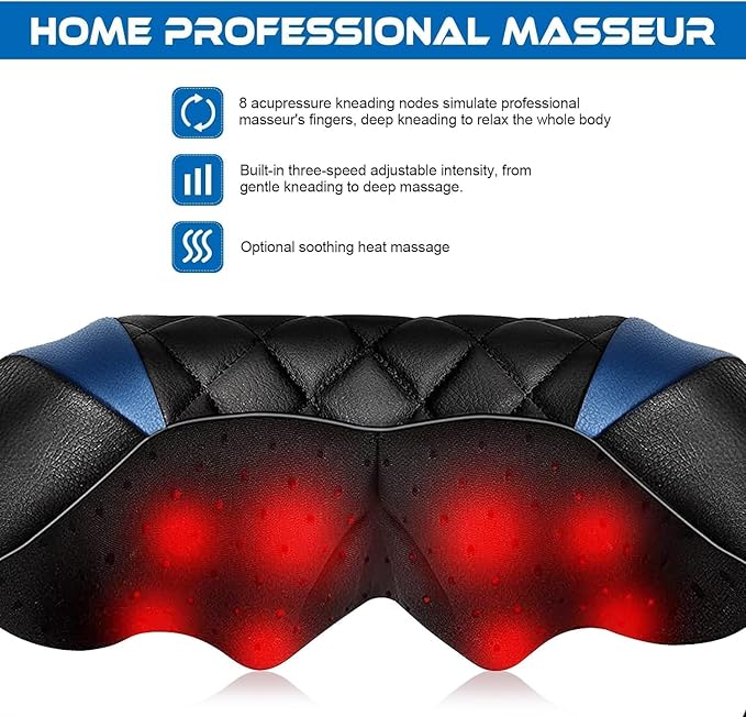Shiatsu Neck and Back Massager with Heat Electric Deep Tissue 4D Kneading Massage Pillow for Shoulder Leg Body Muscle Pain Relief Home Office and Car Use - Best Gifts for Women Men Mom Dad