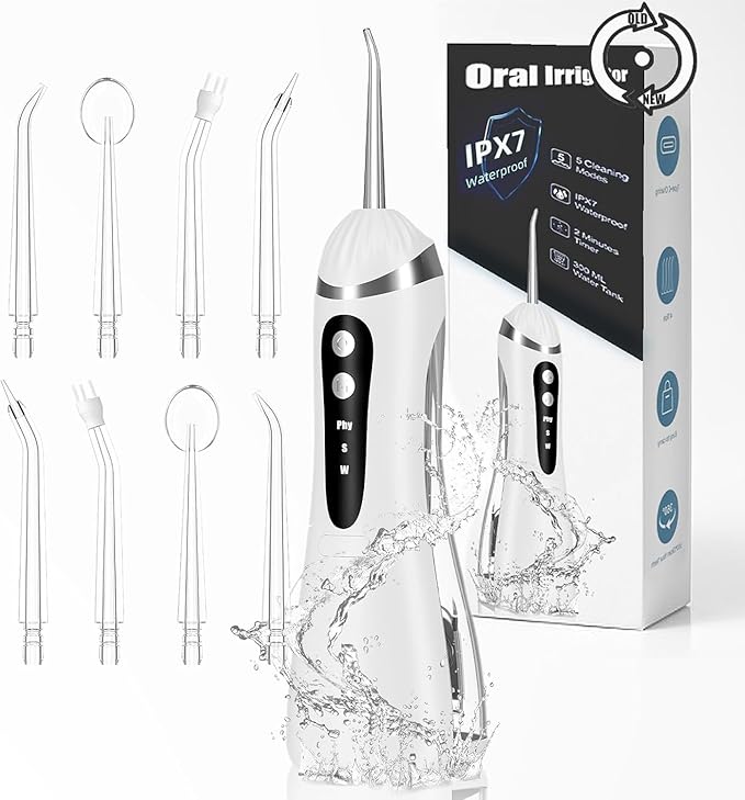 Flosser Electric Oral Irrigator Water Dental - 300ML Large Tank 8 Replaceable Jet Tips Teeth Cleaner Water Flossing Cleaning Picks for Home and Travel IPX7 Waterproof (B01)