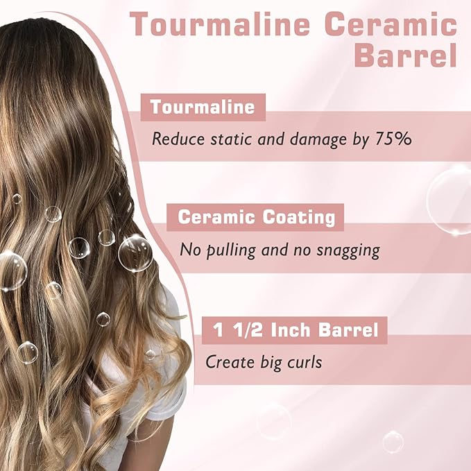 1 1/2 inch Curling Iron Dual Voltage Large Hair Curling Iron Heat up to 450°F Professiona Curling Wand Ceramic Tourmaline(Rose Gold)