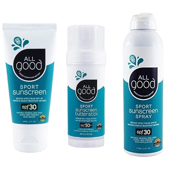 All Good Sport Mineral Sunscreen Combo Pack - SPF 50 Butter Stick SPF 30 Lotion &amp Spray - Coral Reef Safe - Zinc Oxide