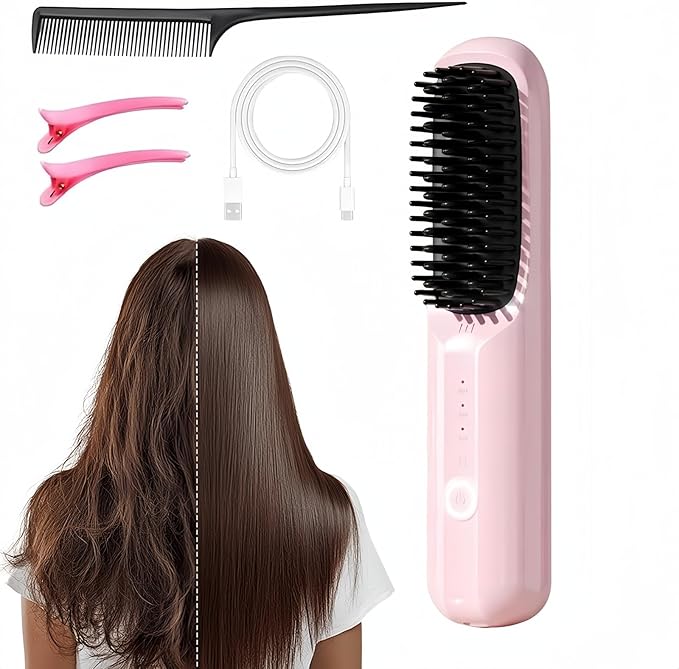 Cordless Hair Straightener Brush 2026 New Portable Hair Straightener Fast Heating Ceramic Brush USB Rechargeable for Women Short Long Hair Travel Vacation Home Use (Pink)