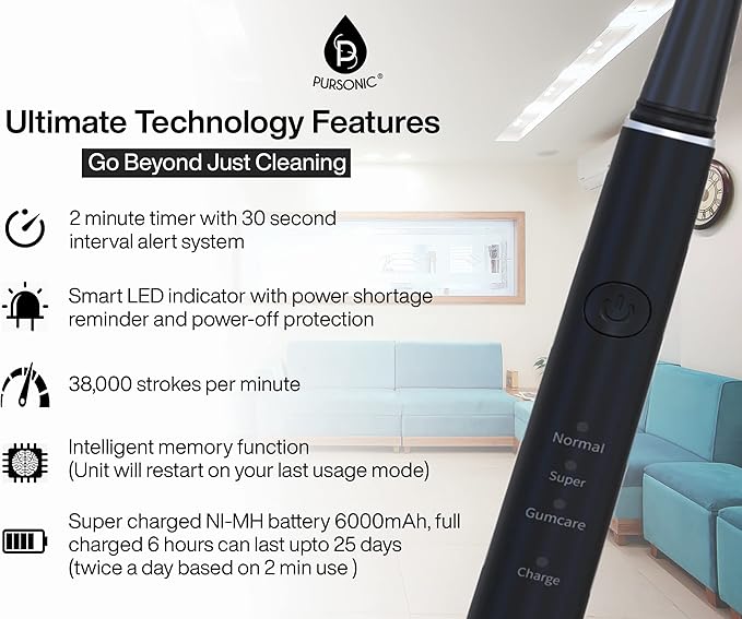 Pursonic Whitening USB Rechargeable Sonic Toothbrush-12 Brush Heads!- 38000 Brush Strokes Per Minute-3 Brushing Modes with 2 Minute Auto Timer (Black)