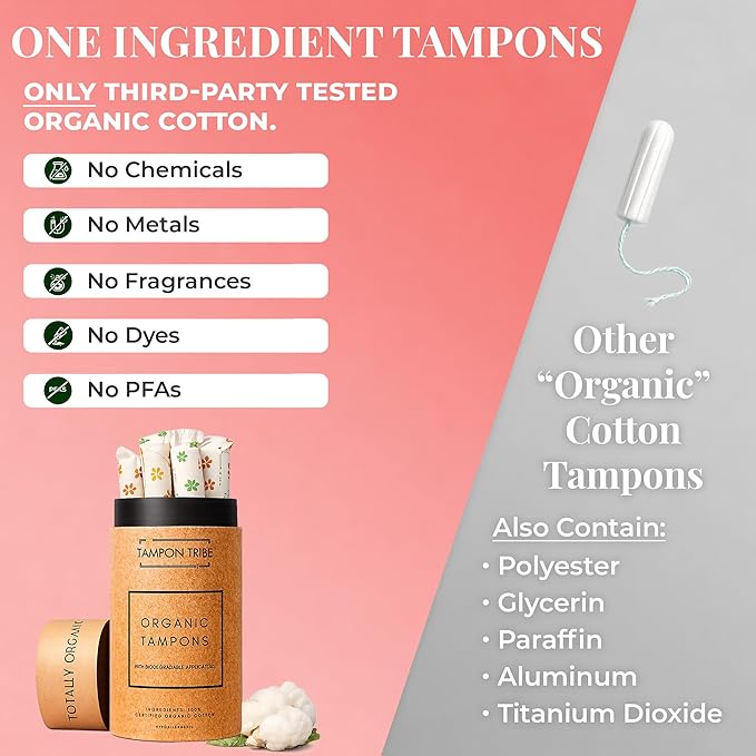 Tampon Tribe Regular Organic Tampons for Women | 96 Non-Toxic Tampons | Natural 100% Organic Cotton Hypoallergenic Metal and Chemical Free with Biodegradable Applicator | (96 Count - Regular)