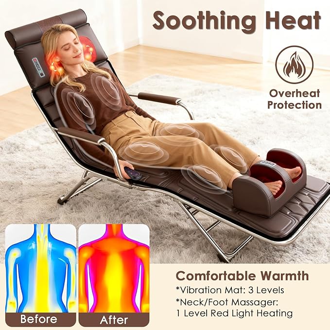 Full Body Massage Mat with Heat &ampVibration - PU Leather Shiatsu Back Massager Heat Timer Neck&amp Foot Massager Lumbar Pillow&ampHead Pillow Massage Chair Pad Anti-Slip Bottom for Stress Relief