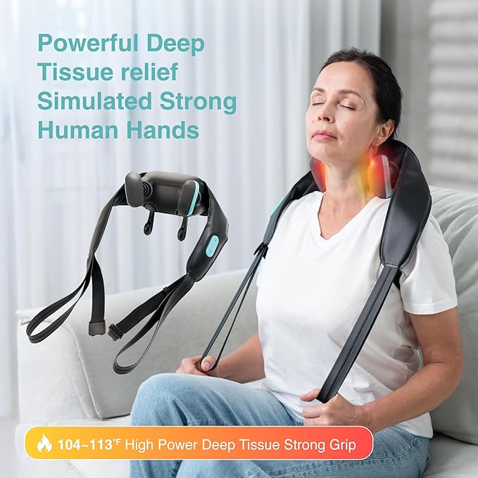 Neck and Shoulder Massager with Heat Cordless Shiatsu 4D Kneading Massage Massage Pillow for Neck Back Leg Gifts for Women Men (Black)