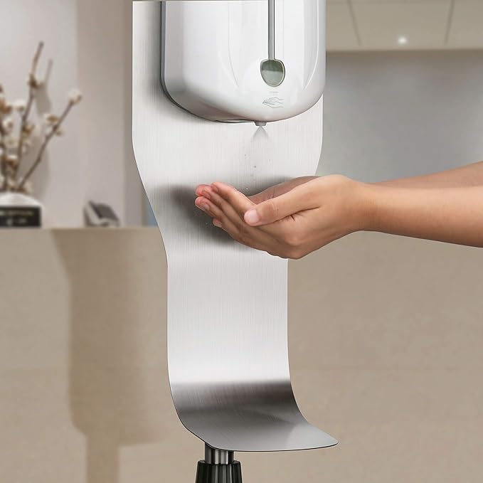 New Star Foodservice 1028881 Freestanding Adjustable Floor Stand for Hand Sanitizer Dispenser with Drip Tray and Weighted Base Customizable Stainless Steel Round Base