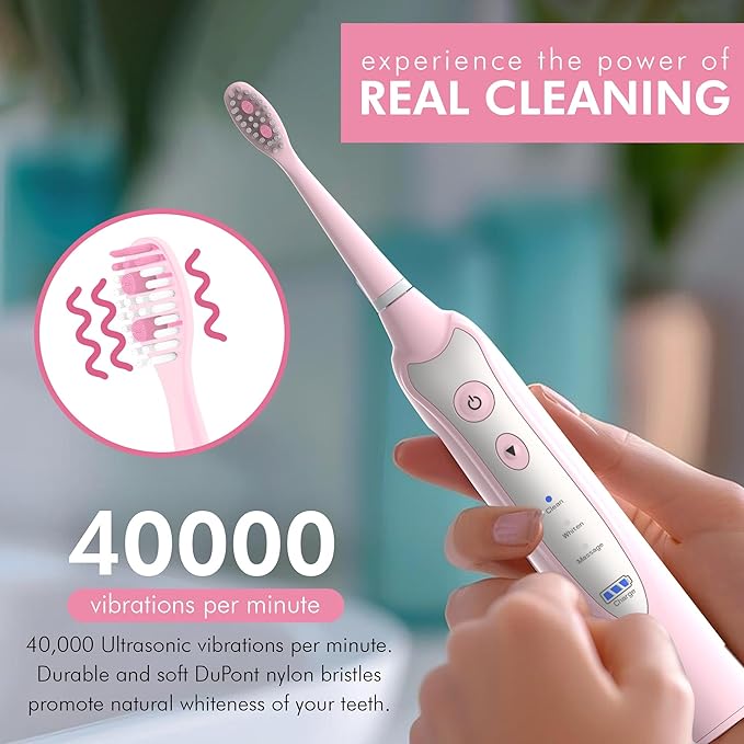 Sonic Electric Toothbrush for Adults with 5 Toothbrush Replacement Heads 3 Brushing Modes &amp 2 Minutes Built-in Timer Travel Toothbrushes with Inductive Charging Rechargeable toothbrush | Pink