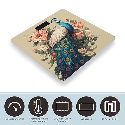 Peacock and Flowers Scale for Body Weight Anti-Slip Digital Bathroom Scale Sturdy Toughened Glass Weighing Scales High Precision Safe Rounded Corners Smart Scales