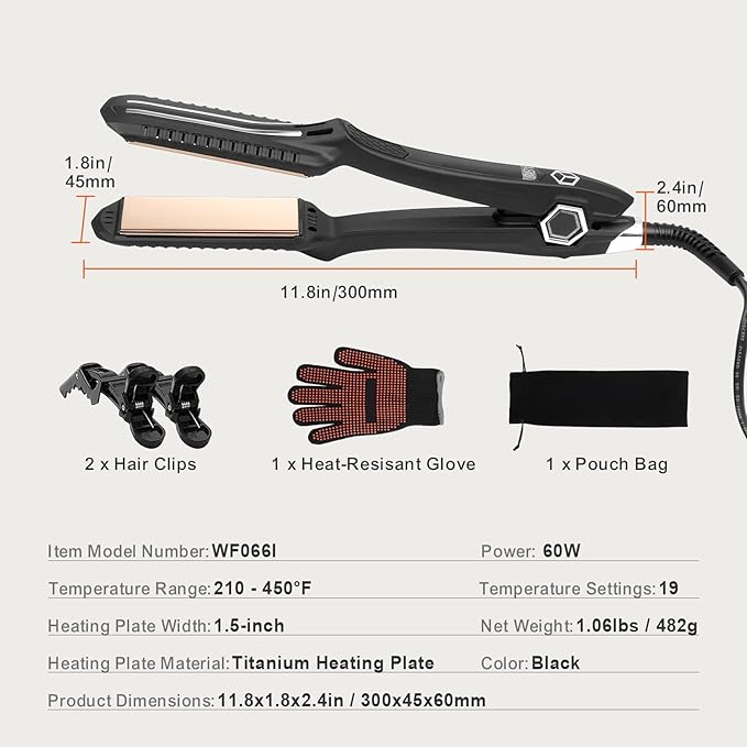 Happybuy Titanium Hair Straightener - Your Ideal Styling Companion! This 1.5 - inch Straightener Features Infrared Heating an LCD Display and 19 Temperature Options from 210°F - 450°F.