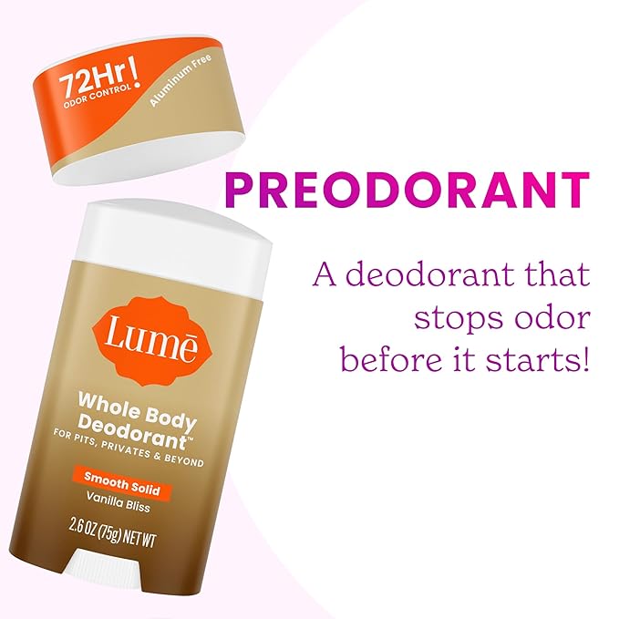 Lume Whole Body Deodorant - Smooth Solid Stick - 72 Hour Odor Control - Doctor Developed - Aluminum Free Baking Soda Free and Skin Loving - 2.6 Ounce (Pack of 2) (Vanilla Bliss)