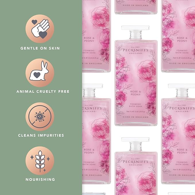Pecksniff’s Rose &amp Peony Foaming Bath Soak – Luxury Bubble Bath 1L / 33.8 fl oz Made in England