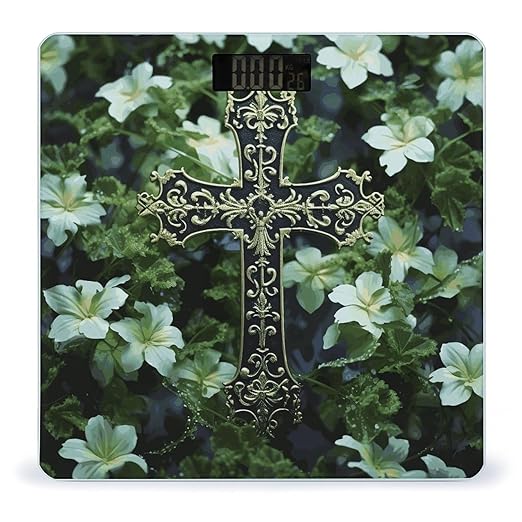 Black Cross Among Green Flowers Scale for Body Weight Anti-Slip Sturdy Tempered Glass Weighing Machine Highly Digital Accurate Bright LCD Bathroom Scale for Household Gift