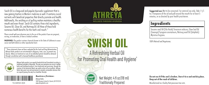 Athreya Herbs Swish Oil | 8 Oz | For Healthy Teeth &amp Gums | Promotes Oral Health | With The Goodness Of Clove &amp Nutmeg Essential Oils | For Fresh Breath | Moisturizes The Mouth | Vegan Non-GM