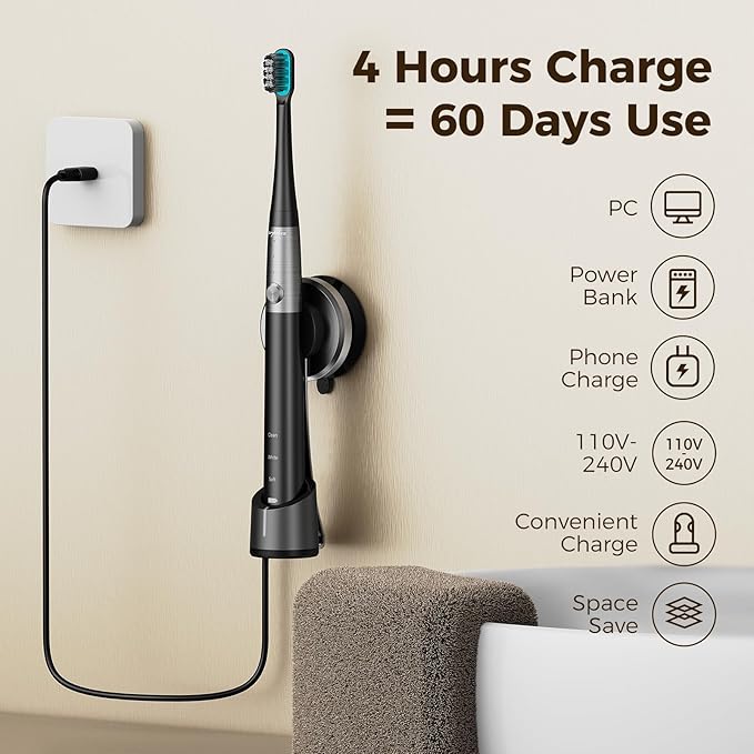 ARPHA Sonic Electric Toothbrush for Adults Power Whitening Toothbrush with Holder Wall Cup 2 Brush Heads &amp Travel Case 45000 VPM Electric Motor &amp Wireless Charging 3 Modes w Smart Timer