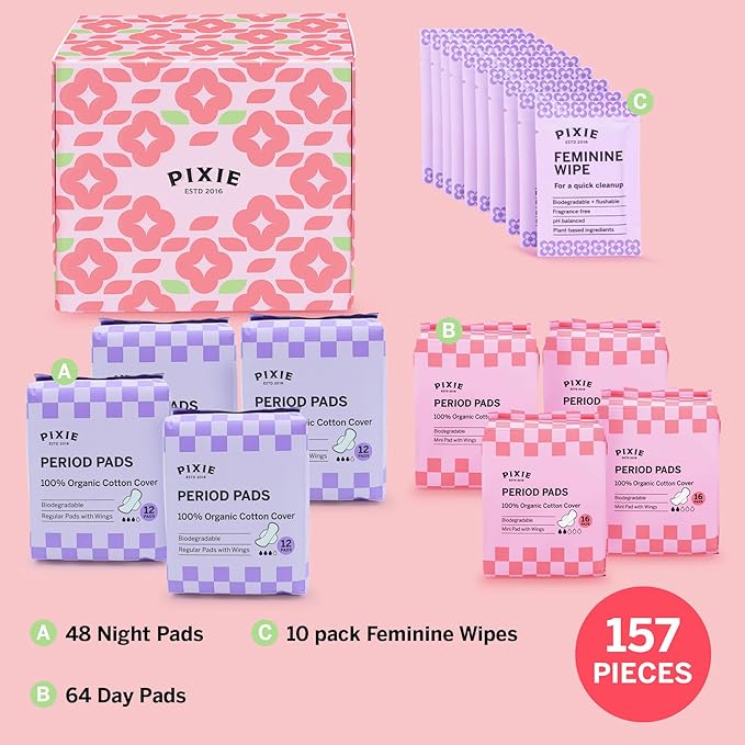 Pixie Organic Cotton Pad Kit for Girls – 64ct Mini &amp 48ct Regular Pads with Wipes – Leak-Proof with Wings – Perfect for Teens &amp Light to Average Flow