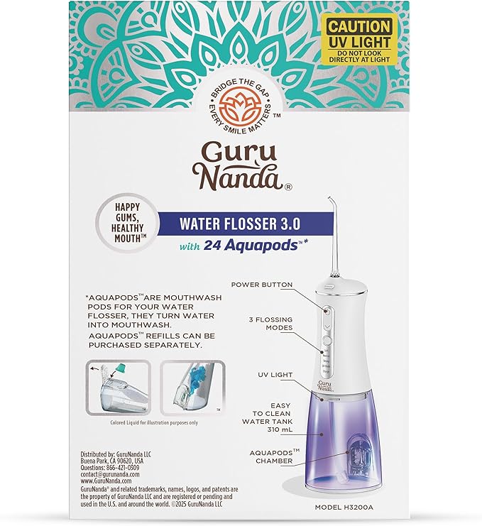 GuruNanda Advanced Dental Water Flosser 3.0 with UV Mode Water Flosser &amp 24 Aquapods with Mouthwash for Fresh Breath &amp Plaque Removal Compact &amp TSA-Friendly